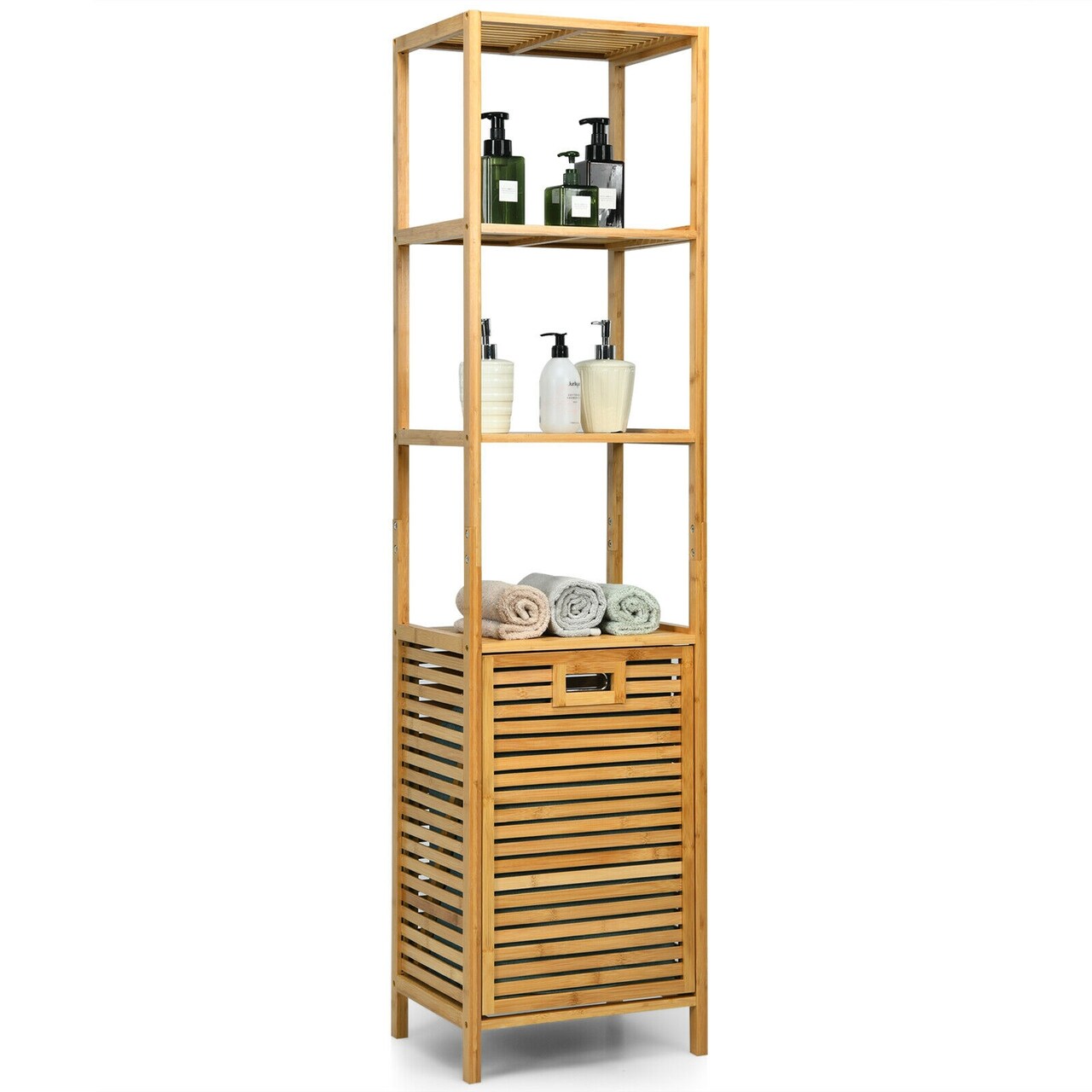 Natural Wicker Laundry Hamper Tower with 3 Tier Storage Shelving